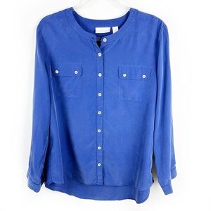 Chico's utility top in a muted blue purple long sleeve roll tab size: 2 (L)